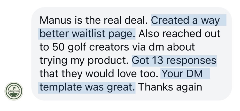 Member DM: Got 13 responses from golf creator outreach